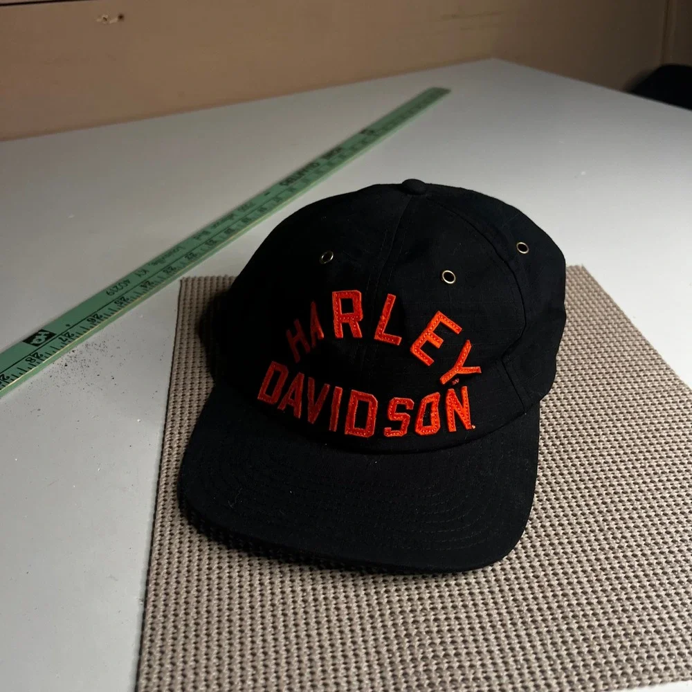 Harley Davidson Hat Black Ripstop Orange Embroidered Leather Strapback Cap